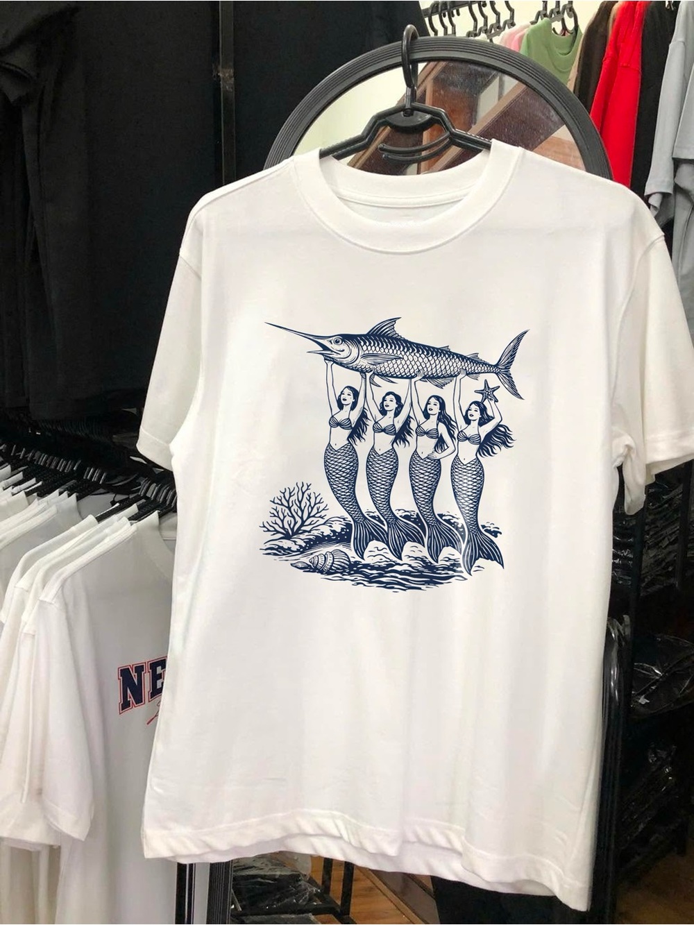 Gildan White Tee with Navy Mermaid & Swordfish Graphic